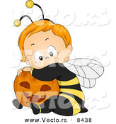 Cartoon Vector of a Happy Halloween Baby Boy Wearing a Bee Costume and Hugging a Pumpkin by BNP Design Studio