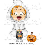 Cartoon Vector of a Happy Halloween Ghost Girl Holding Candy Bag by BNP Design Studio
