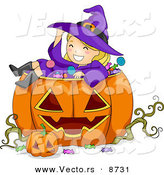Cartoon Vector of a Happy Halloween Witch Girl Sitting in a Jack O'Lantern by BNP Design Studio