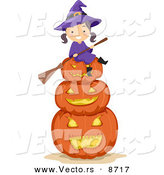 Cartoon Vector of a Happy Halloween Witch Girl Sitting on Jack O'Lanterns by BNP Design Studio