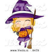 Cartoon Vector of a Happy Halloween Witch Girl with a Pumpkin Basket by BNP Design Studio