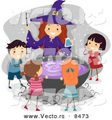 Cartoon Vector of a Happy Halloween Witch with Kids Around a Cauldron Filled with Purple Potion by BNP Design Studio