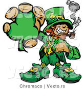Cartoon Vector of a Happy Leprechaun Mascot Holding out Clover While Smoking a Pipe by Chromaco