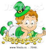 Cartoon Vector of a Happy Leprechaun Toddler Boy Laying on Gold Coins and Holding a Clover by BNP Design Studio