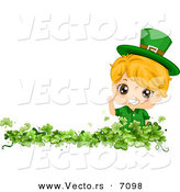 Cartoon Vector of a Happy St. Patrick's Day Boy Waving from a Clover Patch by BNP Design Studio