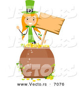 Cartoon Vector of a Happy St. Patrick's Day Girl Holding a Blank Wooden Sign Behind a Pot of Lucky Gold Coins by BNP Design Studio