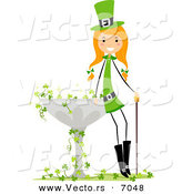 Cartoon Vector of a Happy St. Patrick's Day Girl Leaning on a Bird Bath with Clovers by BNP Design Studio