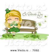 Cartoon Vector of a Happy St. Patrick's Day Girl Smelling Shamrocks While Sitting on a Bench by BNP Design Studio