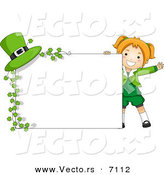 Cartoon Vector of a Happy St. Patrick's Day Girl Standing Beside a Blank Sign with Clovers and a Hat by BNP Design Studio