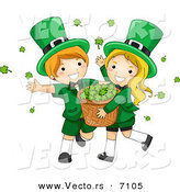 Cartoon Vector of a Happy St. Patrick's Day Leprechaun Boy and Girl Carrying a Basket Full of Clovers by BNP Design Studio