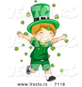 Cartoon Vector of a Happy St. Patrick's Day Leprechaun Boy Running Through Clovers Falling from the Sky by BNP Design Studio