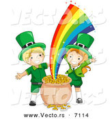 Cartoon Vector of a Happy St. Patrick's Day Leprechaun Girl and Boy Beside a Magical Pot Full of Gold at the End of a Rainbow by BNP Design Studio