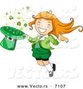 Cartoon Vector of a Happy St. Patrick's Day Leprechaun Girl Jumping with a Magical Clover Hat by BNP Design Studio