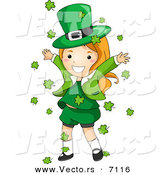 Cartoon Vector of a Happy St. Patrick's Day Leprechaun Girl Playing in Clovers Falling All Around Her from the Sky by BNP Design Studio