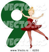 Cartoon Vector of a Lady Dancing Beside a Green Number Nine for Christmas by BNP Design Studio