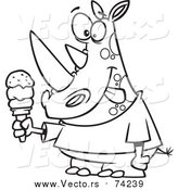 Cartoon Vector of a Lineart Rhinoceros Holding an Ice Cream Cone and Licking His Lips by Toonaday