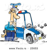 Cartoon Vector of a Patrol Officer Staring at His Beat up Car by Toonaday