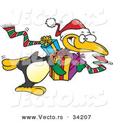 Cartoon Vector of a Penguin Santa Delivering Christmas Presents by Toonaday