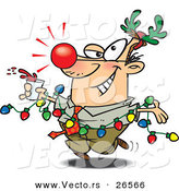 Cartoon Vector of a Red Nosed Businessman Wearing Reindeer Antlers and Holding a Drink While Draped in Christmas Lights by Toonaday