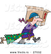 Cartoon Vector of a Sad Woman Carrying Dragging Christmas Tree in the Snow and Carrying an Opened Box on Her Shoulder by Toonaday