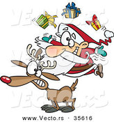 Cartoon Vector of a Santa Juggling Christmas Presents on a Reindeer by Toonaday