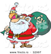 Cartoon Vector of a Santa Pirate with Peg Leg, Bag of Presents, and a Parrot by Toonaday