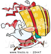 Cartoon Vector of a Santa Running to Deliver a Large Christmas Present Gift Wrapped in a Red Bow, Ribbon and Yellow Paper with a White Snowflake Pattern by Toonaday