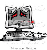 Cartoon Vector of a Sick Cartoon Desktop Computer with a Thermometer and Bloodshot Eyes by Chromaco