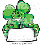 Cartoon Vector of a St. Patrick's Day Shamrock Clover Mascot Holding a Blank Sign by Chromaco