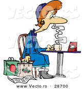 Cartoon Vector of a Tired Female Christmas Shopper Drinking Coffee at a Table Beside Her Shopping Bags and List by Toonaday