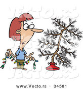 Cartoon Vector of a Unhappy Woman Decorating Scrawny Christmas Tree by Toonaday