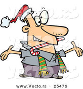 Cartoon Vector of a Welcoming Man Wearing a Santa Hat and Scarf, Biting a Candy Cane and Holding His Arms Wide Open While Greeting Friends or Family by Toonaday