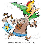 Cartoon Vector of a Woman Carrying a Dog in a Shopping Bag and a Christmas Tree over Her Shoulder by Toonaday