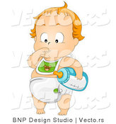 Cartoon Vector of Baby Boy Standing While Sucking Thumb and Holding Bottle with Milk by BNP Design Studio