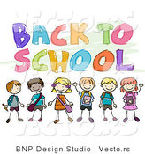 Cartoon Vector of Back to School Text Above Happy Children Smiling and Waving by BNP Design Studio