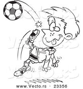 Cartoon Vector of Cartoon Boy Doing a Soccer Kick - Coloring Page Outline by Toonaday
