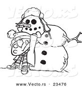 Cartoon Vector of Cartoon Boy Putting a Head on a Snowman - Coloring Page Outline by Toonaday
