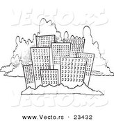 Cartoon Vector of Cartoon City Skyline Against Clouds - Coloring Page Outline by Toonaday