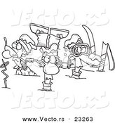 Cartoon Vector of Cartoon Crashed Skiers - Coloring Page Outline by Toonaday