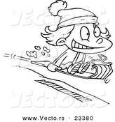 Cartoon Vector of Cartoon Girl Sledding - Coloring Page Outline by Toonaday