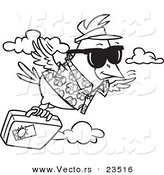 Cartoon Vector of Cartoon Traveling Bird Flying with Luggage - Coloring Page Outline by Toonaday