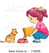 Cartoon Vector of Girl Feeding Her Cat Dry Food by BNP Design Studio