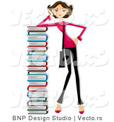 Cartoon Vector of Girl Leaning Against Tall Stack of School Books by BNP Design Studio