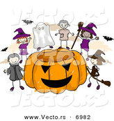 Cartoon Vector of Halloween Kids Around a Giant Carved Pumpkin by BNP Design Studio