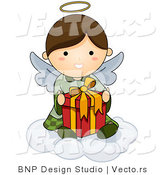 Cartoon Vector of Happy Angel Sitting on Cloud with Present by BNP Design Studio