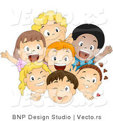 Cartoon Vector of Happy Diverse Kids Smiling and Waving Together As a Group by BNP Design Studio