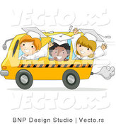 Cartoon Vector of Happy Graduate Kids Riding a Bus for the Last Time by BNP Design Studio