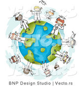 Cartoon Vector of Happy Graduating Kids Standing Around a Globe by BNP Design Studio