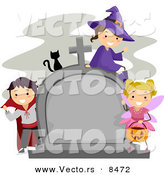 Cartoon Vector of Happy Halloween Kids and a Black Cat Around a Cemetary Tombstone by BNP Design Studio