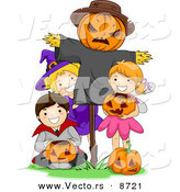 Cartoon Vector of Happy Halloween Kids Posing Beside a Scarecrow by BNP Design Studio